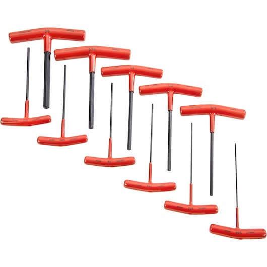 PROTO J4968 T-handle hex key set with red handles, nine pieces in various sizes, on white background.