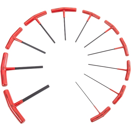 PROTO J4968 T-handle hex key set with red handles, arranged in a semicircle, top view, white background.