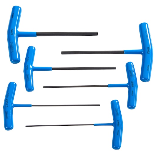 PROTO J4969 set of six blue T-handle hex keys in various sizes, displayed on white background, product photography.