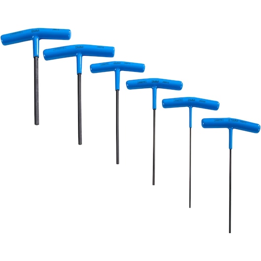 PROTO J4969 set of six blue T-handle hex keys, various sizes, displayed side by side, front angle on white background.