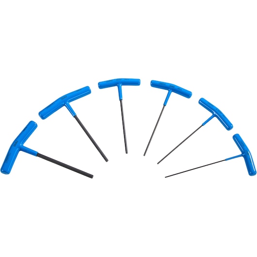 PROTO J4969 hex key set with blue T-handles, six pieces arranged in a semi-circle, front angle on white background.