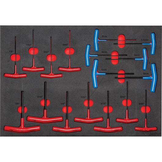 PROTO J4970K T-handle hex key set with red and blue handles in foam tray, top view.