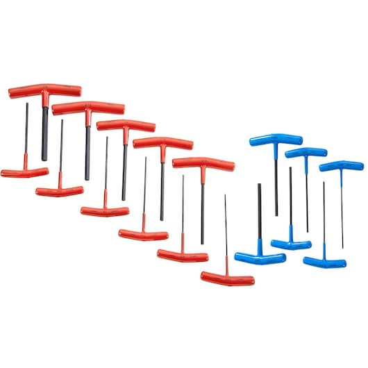 PROTO J4970S T-handle hex key set with red and blue handles, multiple sizes, on white background.