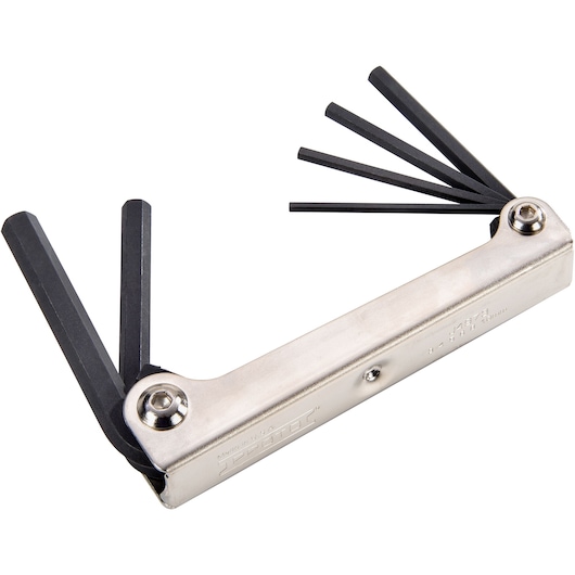 PROTO J4973 folding hex key set with black hex keys and silver handle, angled on white background.