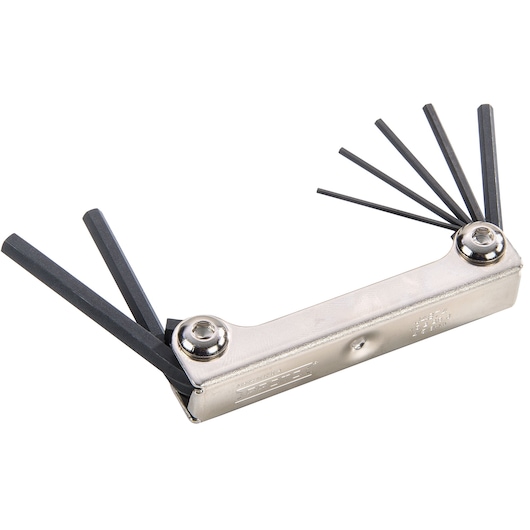 PROTO J4974 folding hex key set, silver handle, multiple black hex keys extended, front angle on white background.