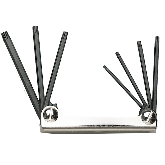 PROTO J4979TX folding hex key set with black keys in various sizes extended, front angle on white background.