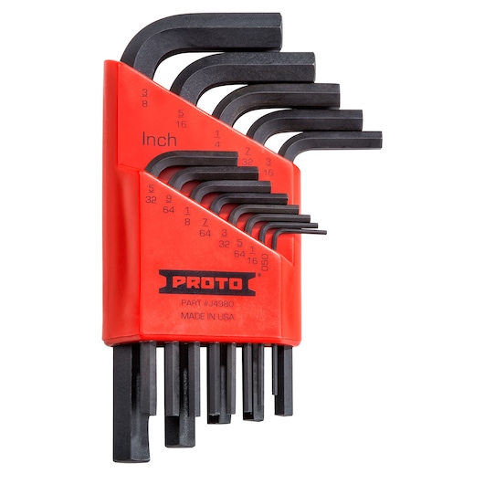 PROTO J4980 hex key set with multiple black L-shaped wrenches in a red holder, front angle on white background.