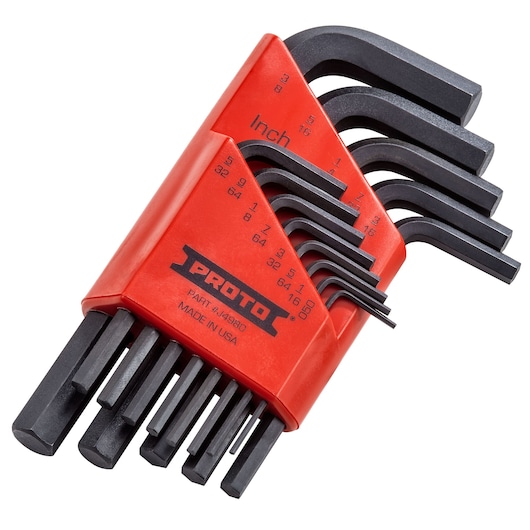 PROTO J4980 hex key set with multiple black L-shaped keys in a red holder, angled view on white background.