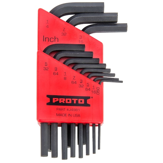 PROTO J4981 inch hex key set in red holder, front angle on white background.
