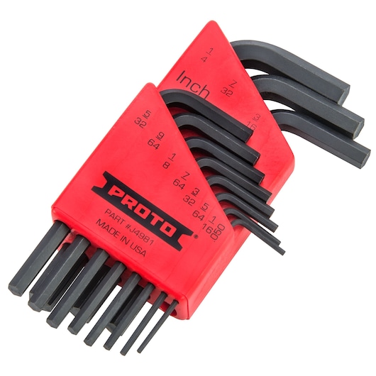 PROTO J4981 hex key set in red holder, various sizes, photography, angled on white background