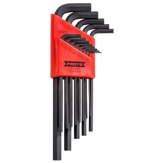 PROTO J4983 hex key set with red holder, multiple sizes, front angle on white background.