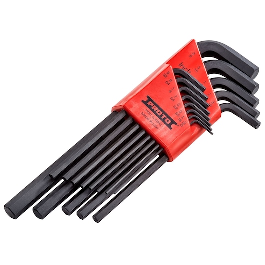 PROTO J4983 hex key set in black, various sizes, held in red holder, photographed on white background.