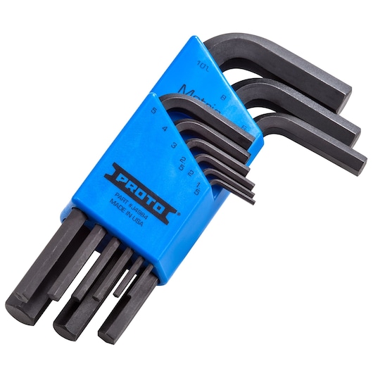 PROTO J4984 metric hex key set with blue holder, photographed from above on white background.