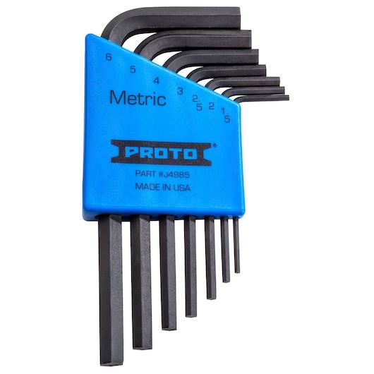 PROTO J4985 metric hex key set with blue holder, photographed from front on white background.