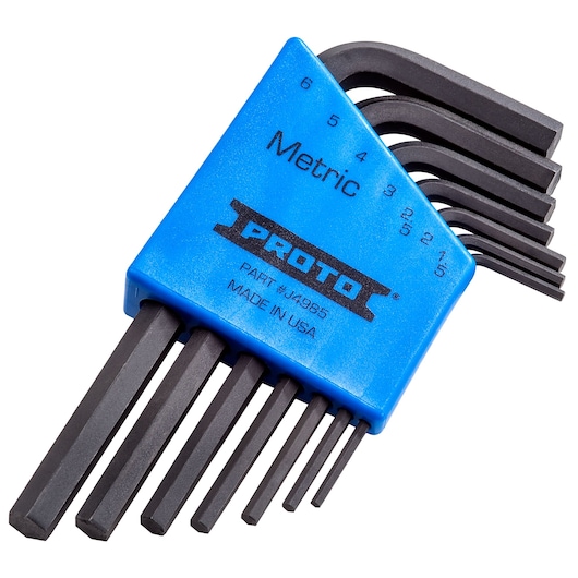 PROTO metric hex key set J4985 in blue holder, angled view on white background.