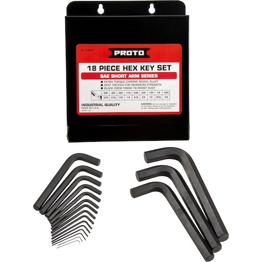 PROTO J4986 hex key set with 18 short arm black hex keys and storage case, front angle on white background.