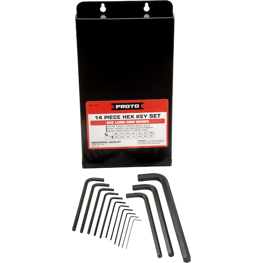 PROTO J4987 14-piece hex key set with black holder, long arm design, angled view on white background.