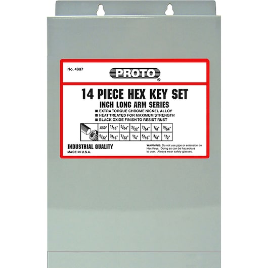 PROTO J4987 14 piece hex key set in gray metal case, front angle, label with size chart and features visible.