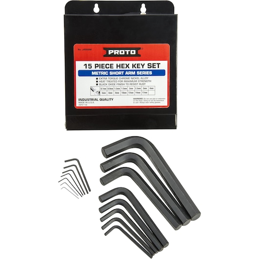 PROTO 15 piece metric hex key set J4988M with black case and various short arm hex keys displayed, front angle.