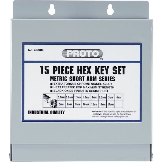 PROTO J4988M 15 piece hex key set, metric short arm series, metal case, product packaging on white background.