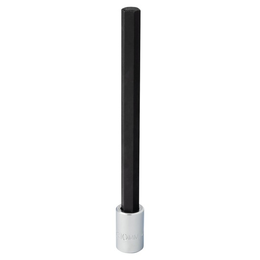 PROTO J4990-10MXL long hex bit socket, black and silver, front angle, on white background