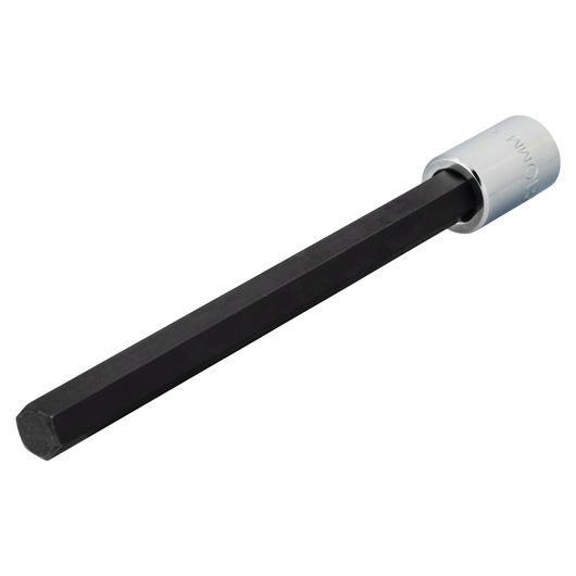 PROTO J4990-10MXL long hex socket with silver metal base and black hex shaft, angled on white background.