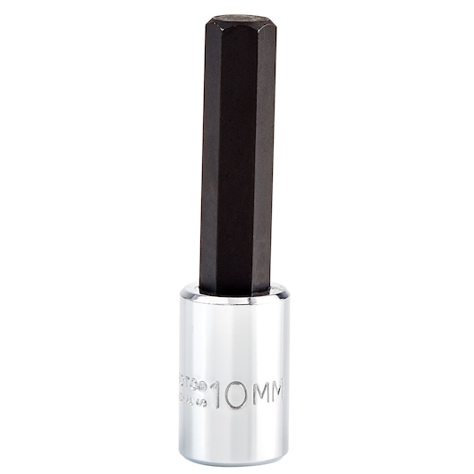PROTO J4990-10M 10mm hex bit socket, silver and black, photography, front angle on white background.