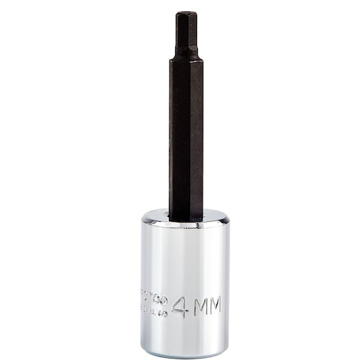 PROTO 4mm hex socket J4990-4M, chrome finish, black hex bit, product photography, front angle.
