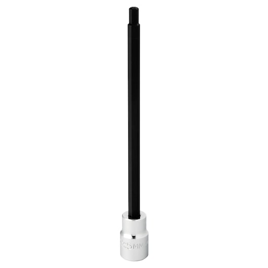 PROTO J4990-5MXL hex bit socket with long black shaft and chrome base, front view, on white background.