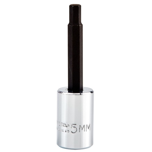 PROTO J4990-5M hex bit socket, silver and black, front angle on white background.