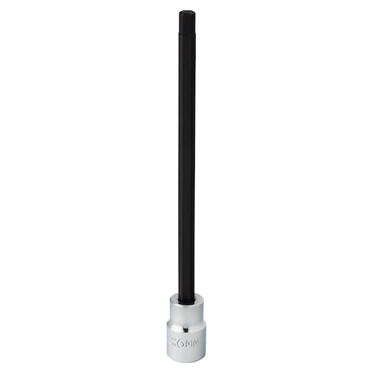 PROTO J4990-6MXL long hex bit socket with black hex shaft and silver base, studio angle on white background.
