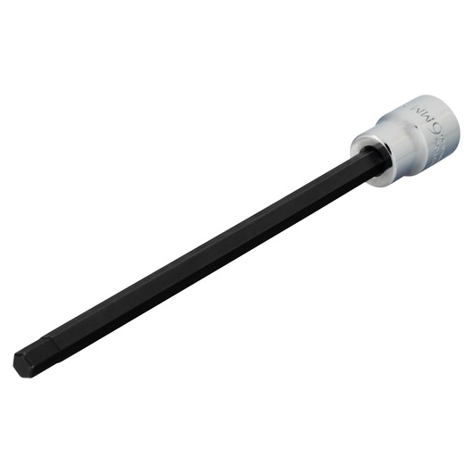 PROTO J4990-6MXL long hex bit socket with black hex shaft and silver socket head, angled on white background.