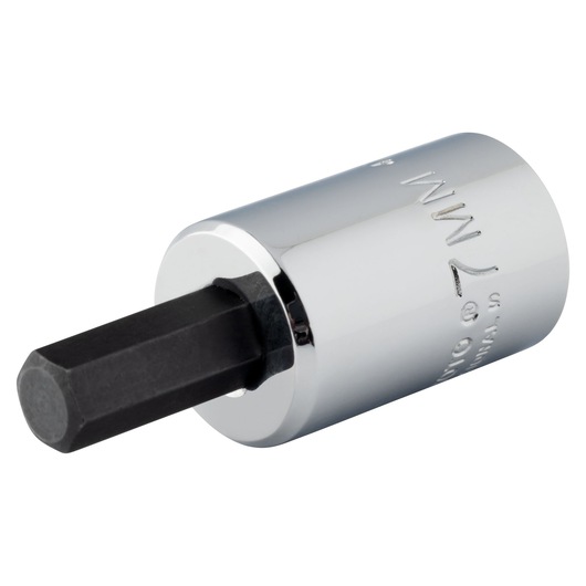 PROTO J4990-7MST chrome hex bit socket tool, side angle on white background.