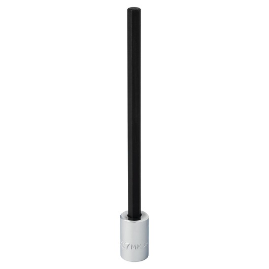 PROTO J4990-7MXL long hex bit socket with black hex shaft and silver base, front angle on white background.