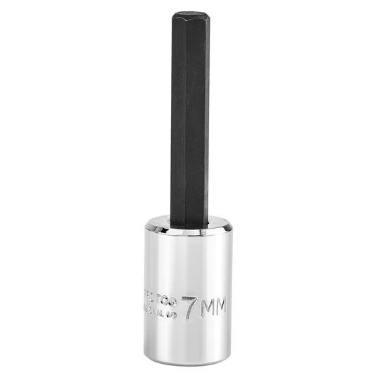PROTO J4990-7M hex bit socket, 7mm size, silver and black, front angle on white background.