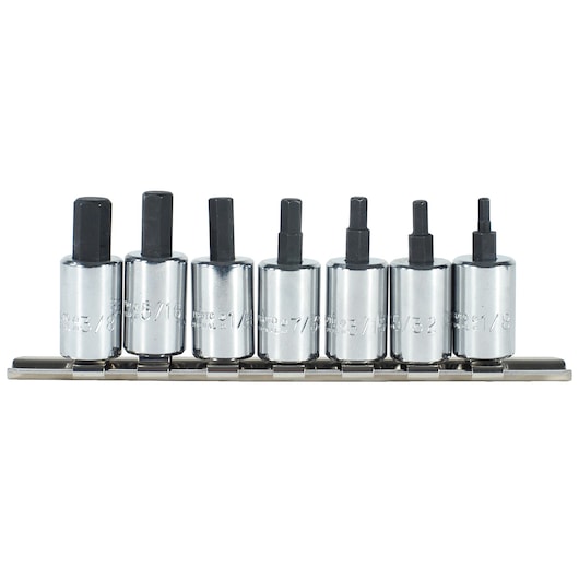 PROTO J4990-7ST hex bit socket set on rail, chrome finish, front angle, seven pieces.