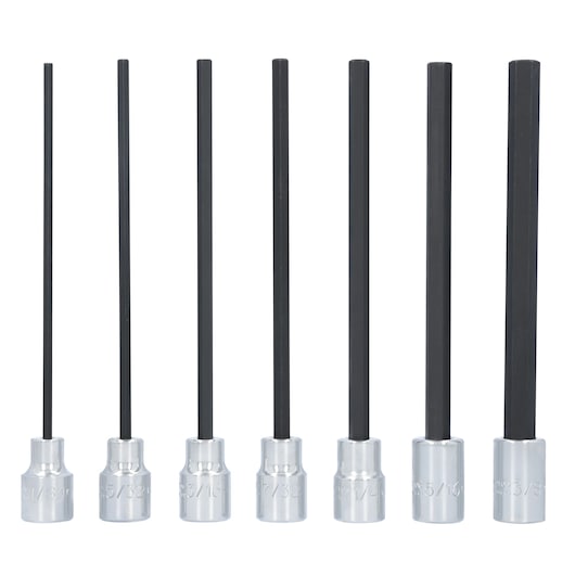 Photo of PROTO J4990-7XL long hex bit socket set, seven-piece, black and silver, front angle, white background.