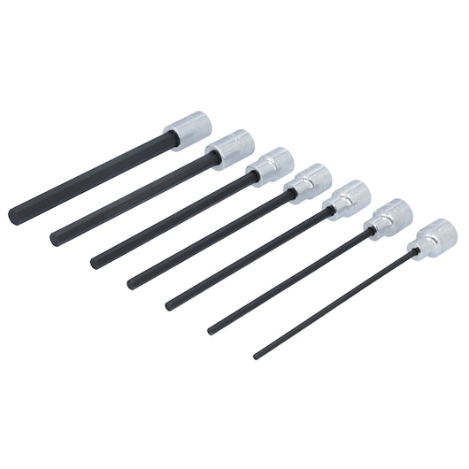 Photo of PROTO J4990-7XL extra long hex bit socket set, seven pieces arranged in a row, side angle on white background.