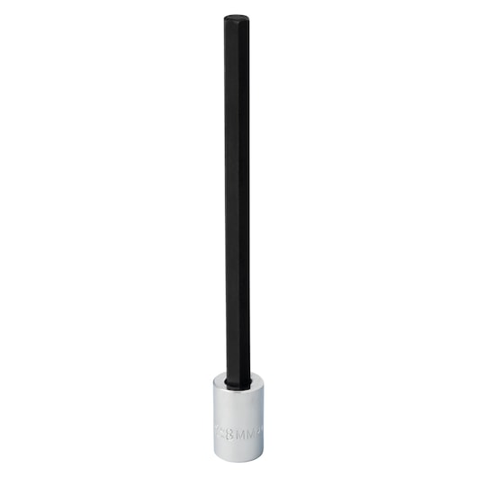 PROTO J4990-8MXL long hex socket with black shaft and chrome base, front angle, white background.
