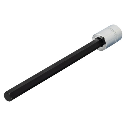 PROTO J4990-8MXL hex bit socket with long black hex shaft and silver chrome base, side angle, white background.