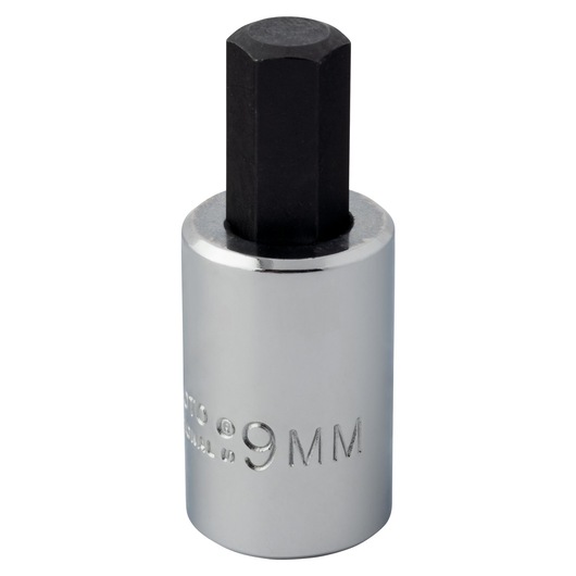Photo of PROTO J4990-9MST hex bit socket, 9mm size, chrome and black finish, upright angle on white background.
