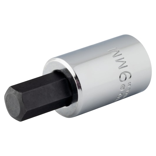 PROTO hex bit socket J4990-9MST, 9mm, silver body with black hex bit, side angle, photography.