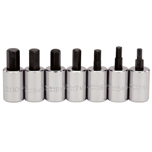 PROTO J4990-MST chrome hex bit socket set, front angle, seven pieces with black hex tips.