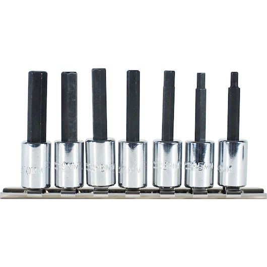 PROTO J4990-SMA hex bit socket set, seven-piece, chrome finish, front angle on white background.