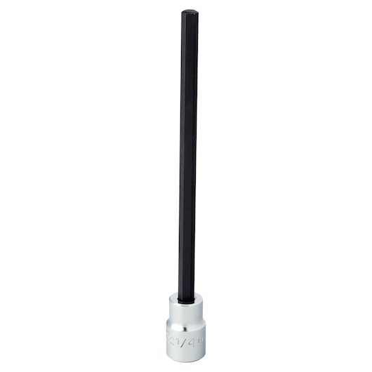 PROTO J49901/4XL long hex bit socket with silver base and black hex shaft, vertical angle on white background.
