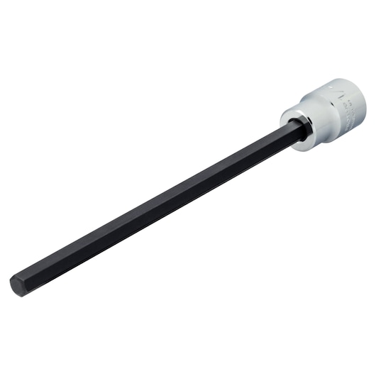 PROTO J49901/4XL long hex bit socket with silver socket base and black hex shaft, side view on white background.