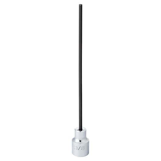 PROTO J49901/8XL extra long hex bit socket with chrome base and black hex shaft, front angle, white background.