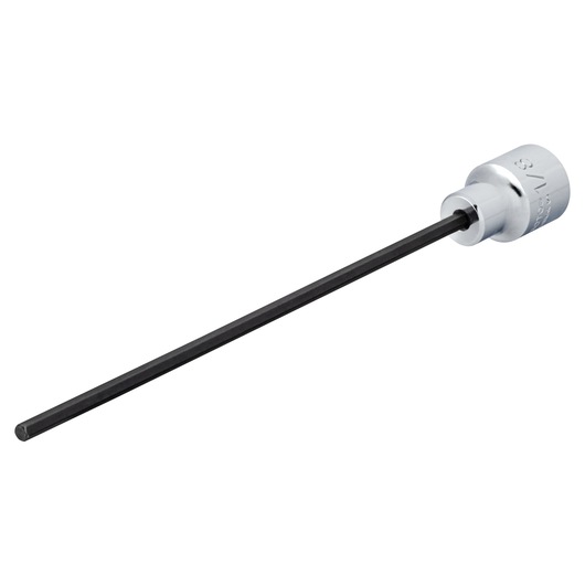 PROTO J49901/8XL long hex bit socket, silver and black, shown on white background, side angle.