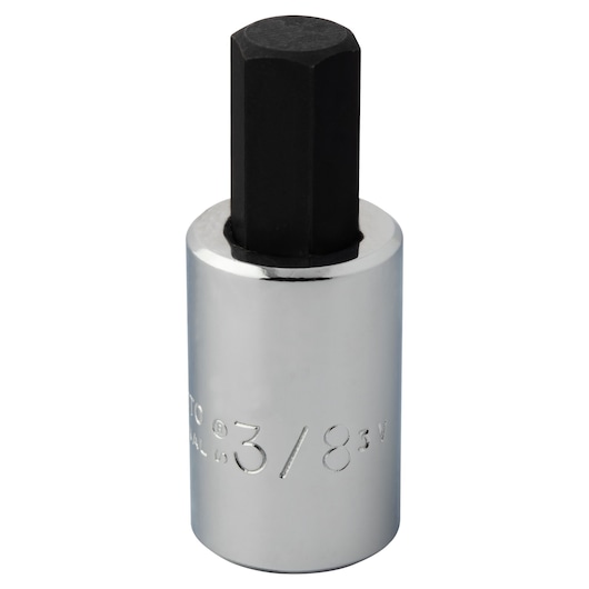 PROTO J49903/8ST hex bit socket with chrome body and black hex tip, shown upright on white background.