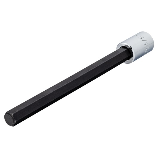 PROTO J49903/8XL hex bit socket with black hex shaft and silver base, shown on white background, side angle.